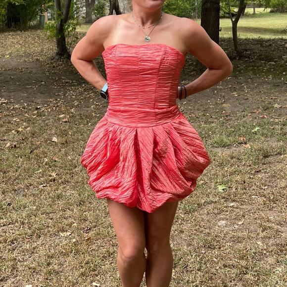 Vintage 80s 90s Jessica McClintock coral bubble strapless ruched prom dress - Picture 2 of 9